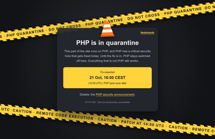 503-pagina met afzetlint: PHP is in quarantine