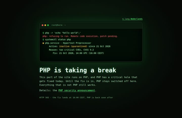 503-pagina in terminalstijl: PHP is taking a break