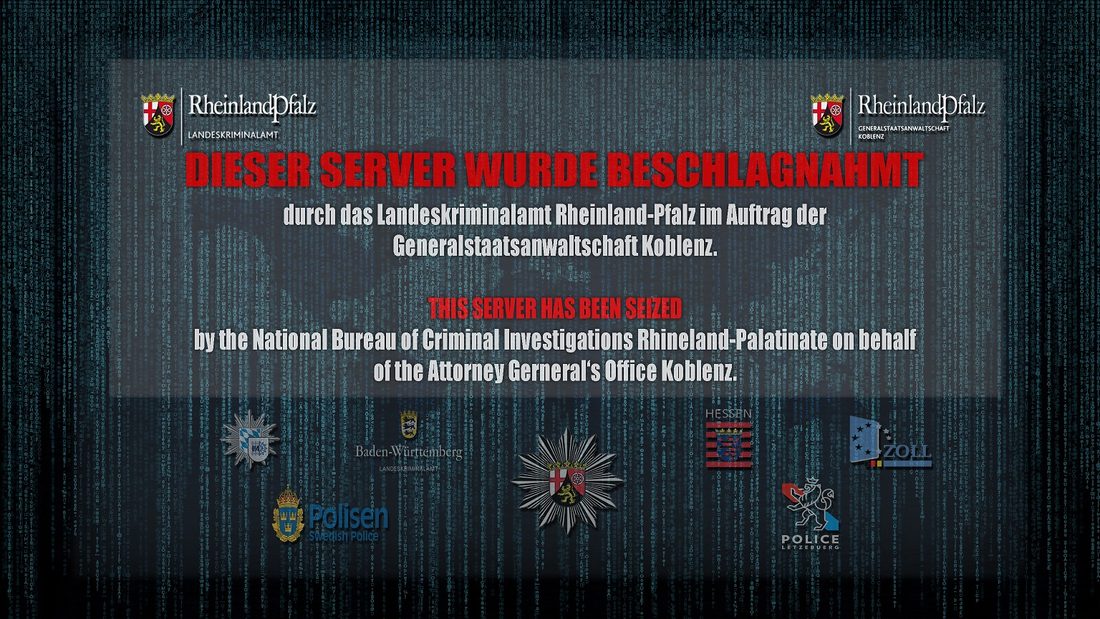 Donkere banner: Dieser Server wurde beschlagnahmt, door het Landeskriminalamt Rheinland-Pfalz.